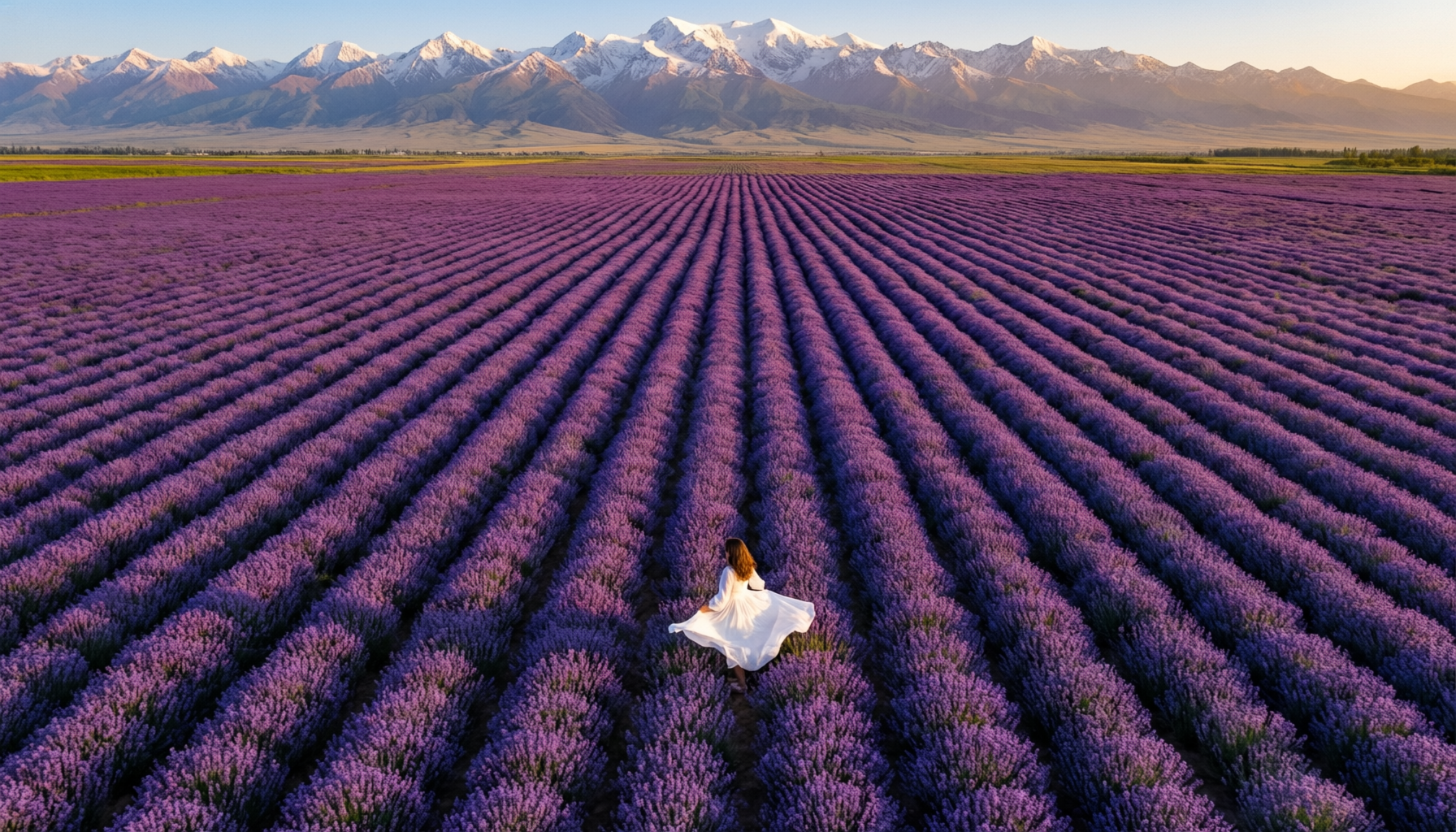 Purple lavender fields stretching to snow-capped Tianshan mountains in Ili Xinjiang China