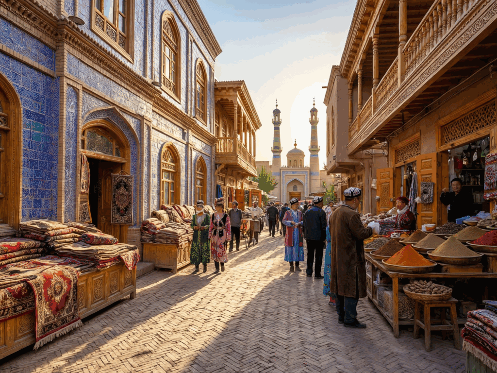 Kashgar Old City in Xinjiang, China — traditional Uyghur architecture with blue-tiled buildings and cobblestone streets