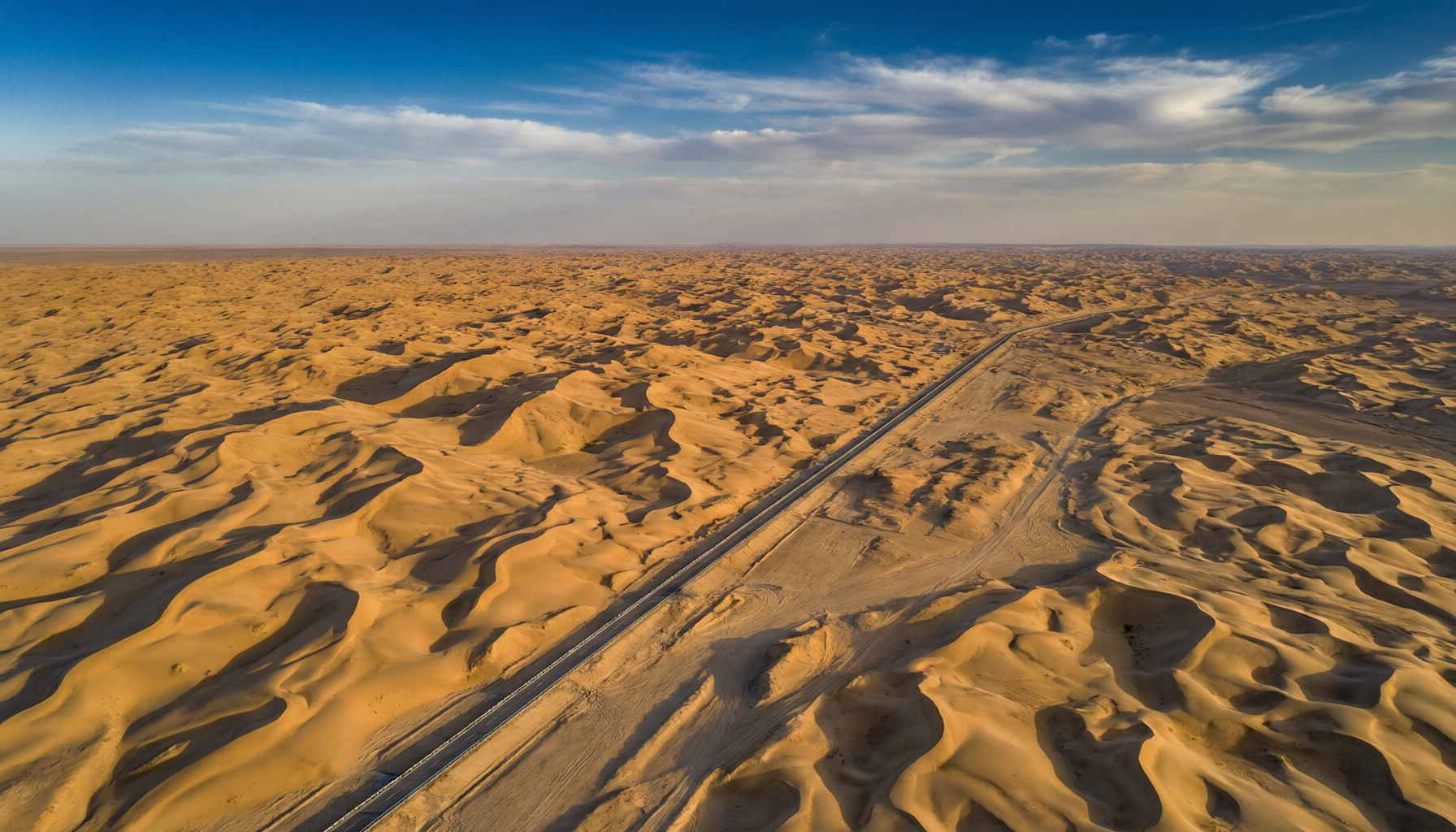 Taklamakan Desert vast sand dunes with highway crossing through Xinjiang China