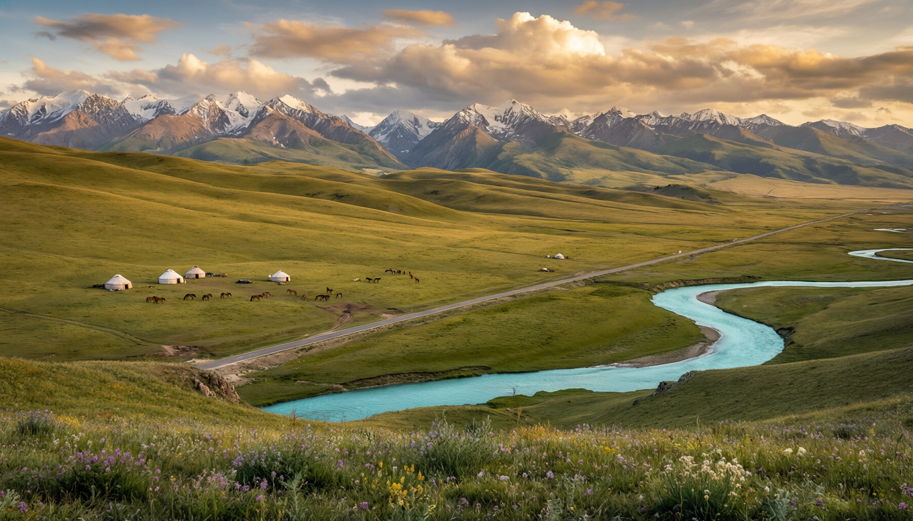 Panoramic view of Xinjiang landscapes — grasslands, mountains, and desert scenery