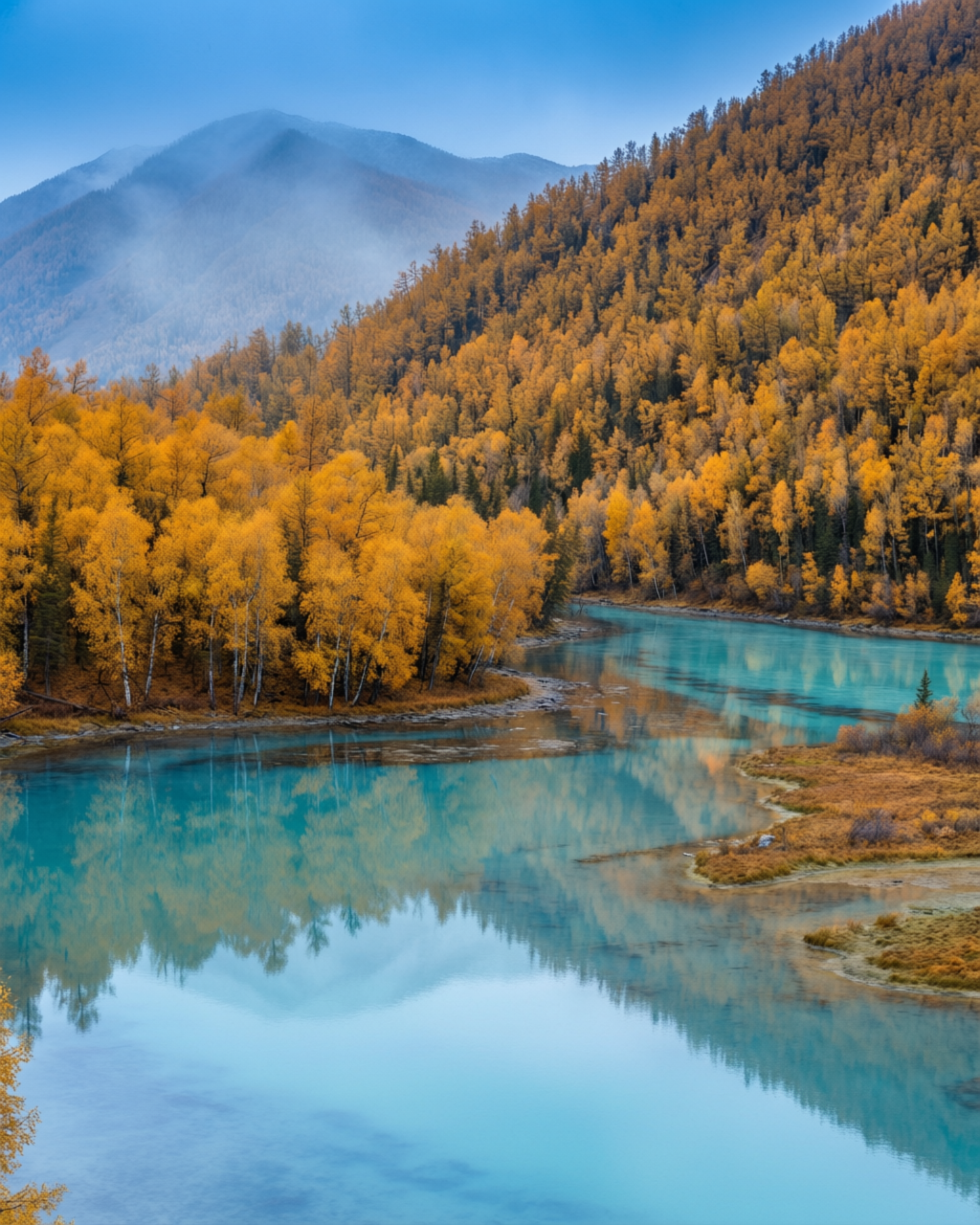 Kanas Lake - crystal clear turquoise waters surrounded by autumn forests