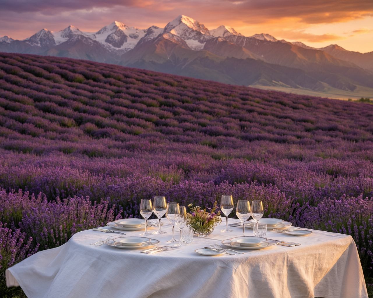 Luxury outdoor dining experience in Xinjiang with Tianshan mountains backdrop