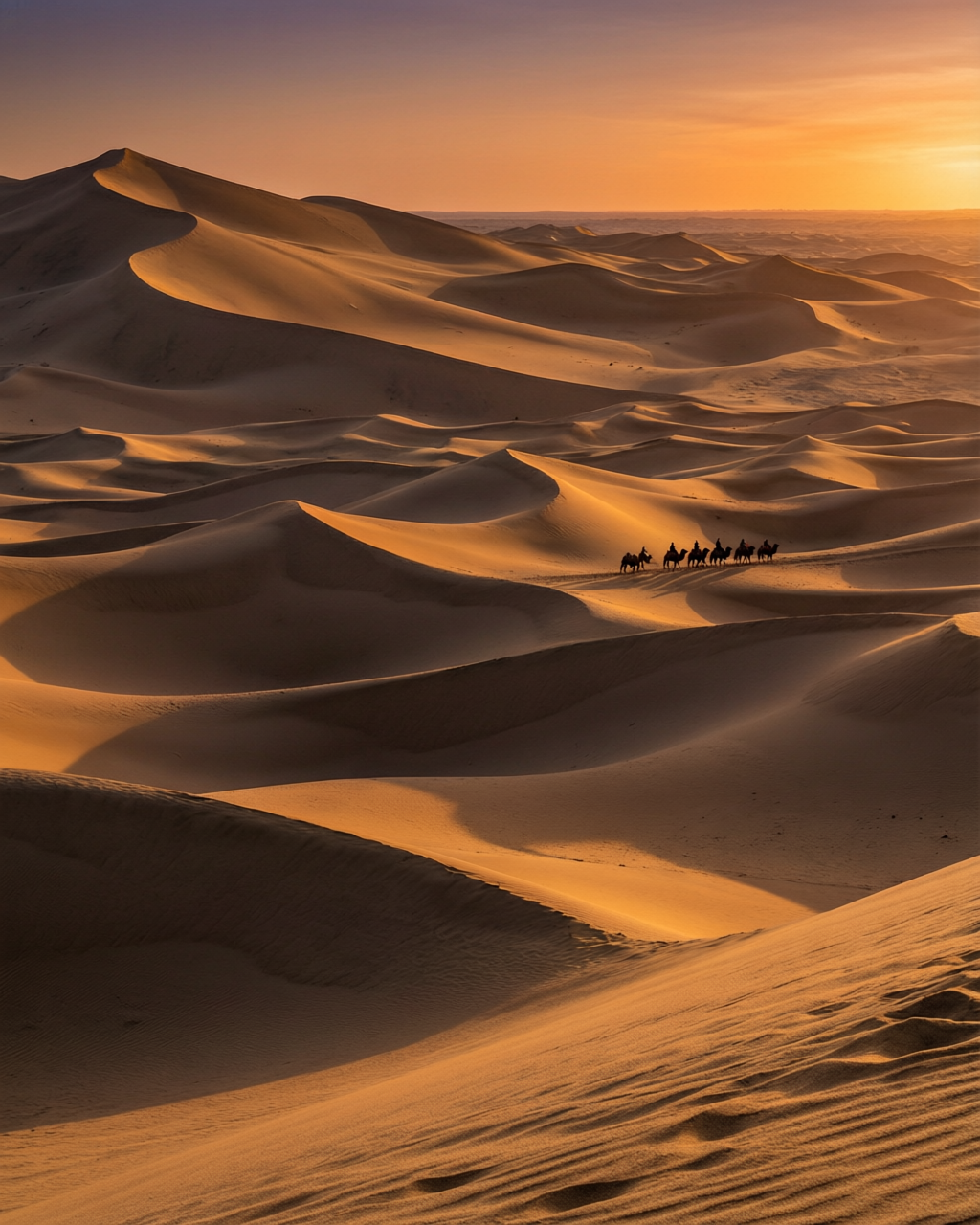 Taklamakan Desert - vast golden sand dunes at sunset