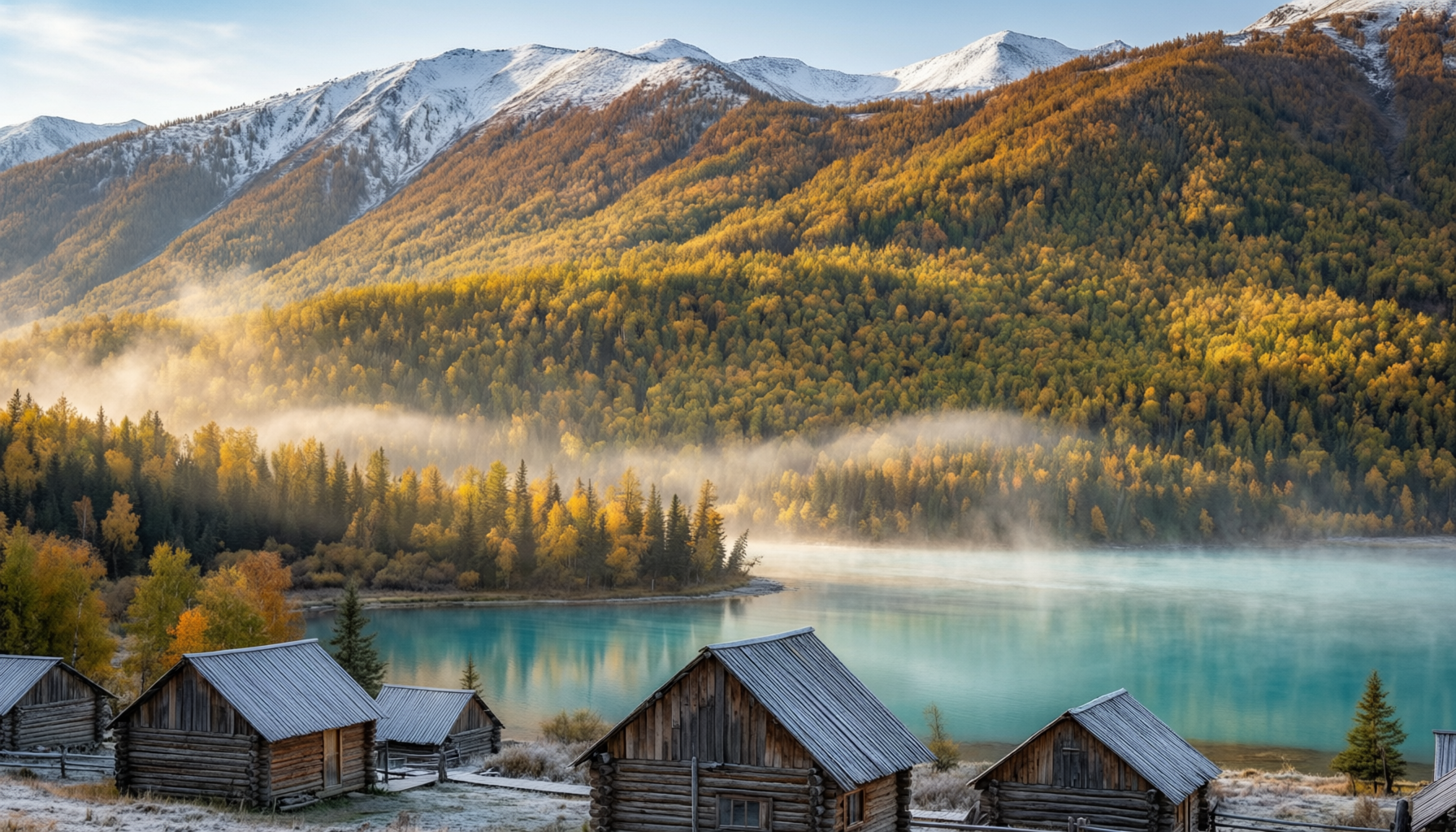 Kanas Lake surrounded by autumn forests and Tuwa village in Xinjiang
